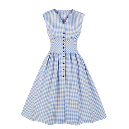 Vintage Floral V-Neck Sleeveless High-Waist Dress